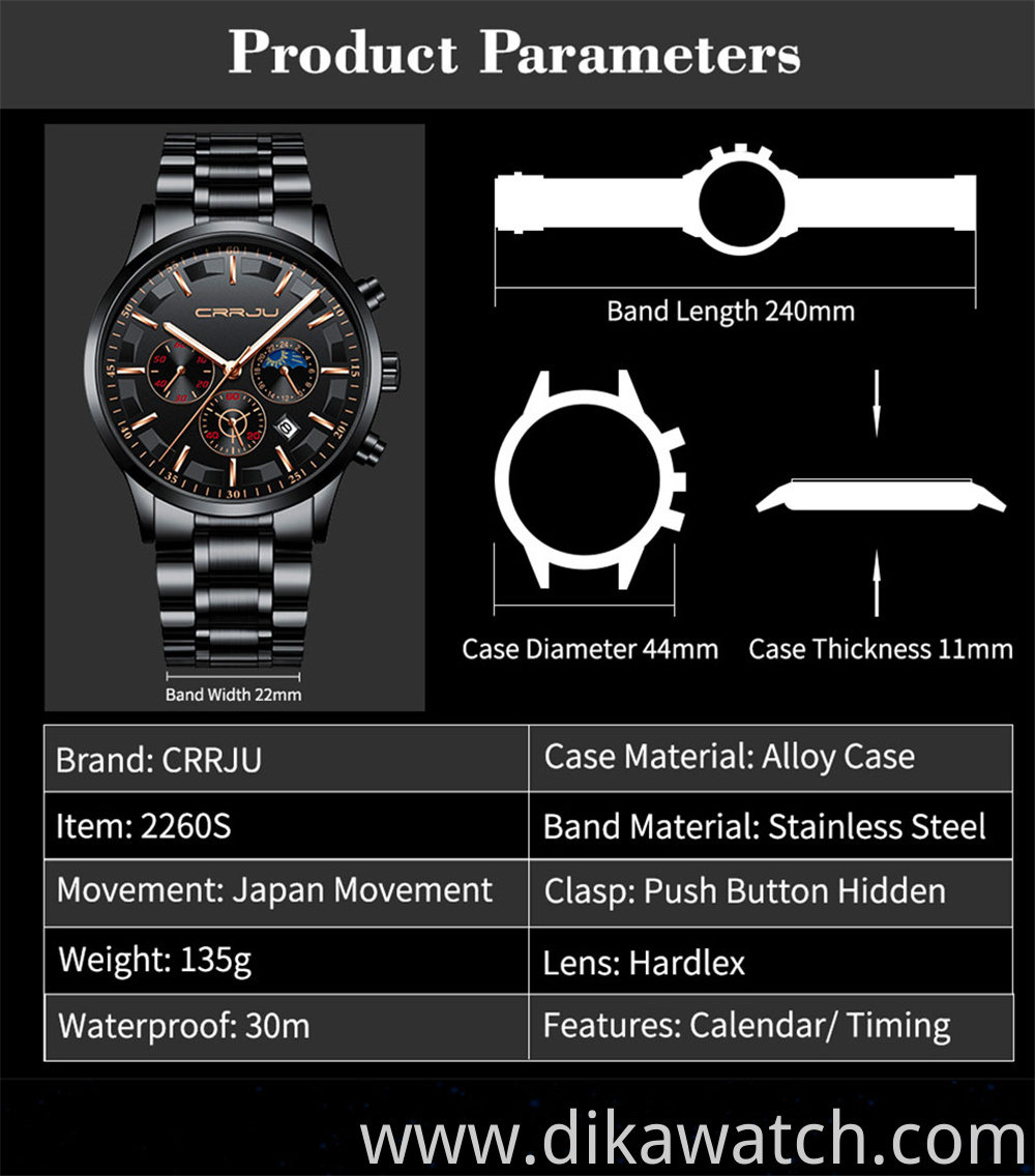 Relojes CRRJU Mens Watch 2260 Casual Business Full Steel Watches Men Wrist Luxury Quartz 30M Waterproof Clock Relogio Masculino